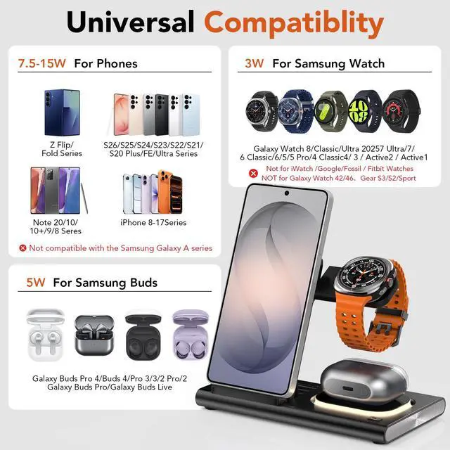 Alt view image 2 of 7 - Wireless Charger for Samsung Charging Station (Foldable & Nightlight),3 in 1 Charging Station for Samsung S26 Ultra/S25/S24/S23/S22/Note20 Z Fold Flip7, Travel Charger for Galaxy Watch 8/7Galaxy Buds4