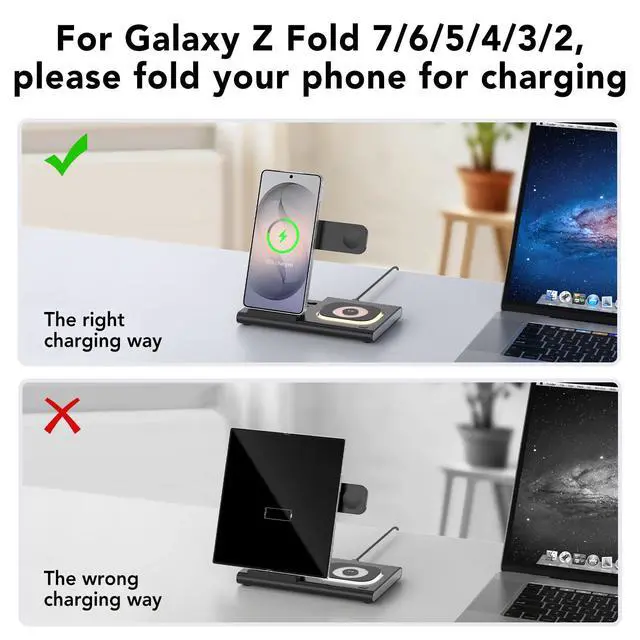 Alt view image 4 of 7 - Wireless Charger for Samsung Charging Station (Foldable & Nightlight),3 in 1 Charging Station for Samsung S26 Ultra/S25/S24/S23/S22/Note20 Z Fold Flip7, Travel Charger for Galaxy Watch 8/7Galaxy Buds4