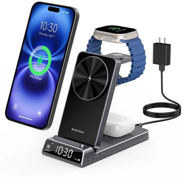Main image of 3 in 1 Charging Station for Apple, ELECDOV Magnetic Charger for iPhone, Foldable Wireless Charger with Clock, Travel Watch Charger Stand for iPhone 17/Air/16/15 Series, iWatch 10/AirPods 4 (Grey)