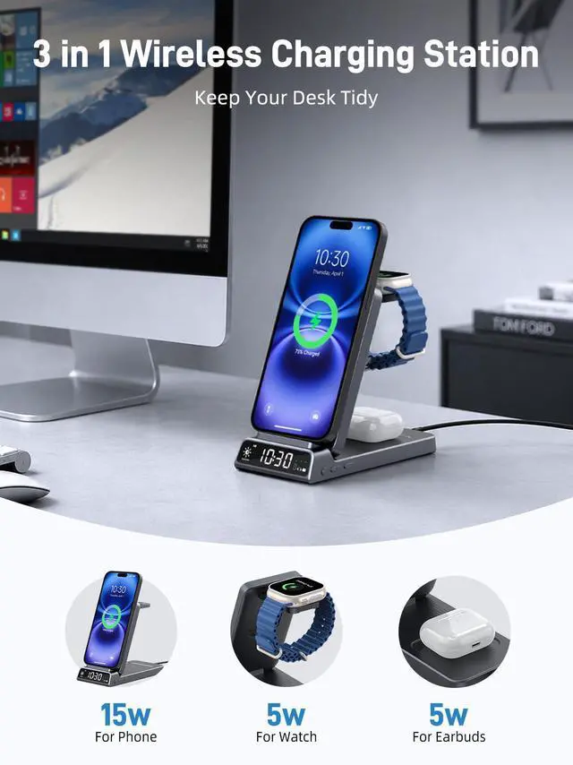 Alt view image 2 of 7 - 3 in 1 Charging Station for Apple, ELECDOV Magnetic Charger for iPhone, Foldable Wireless Charger with Clock, Travel Watch Charger Stand for iPhone 17/Air/16/15 Series, iWatch 10/AirPods 4 (Grey)
