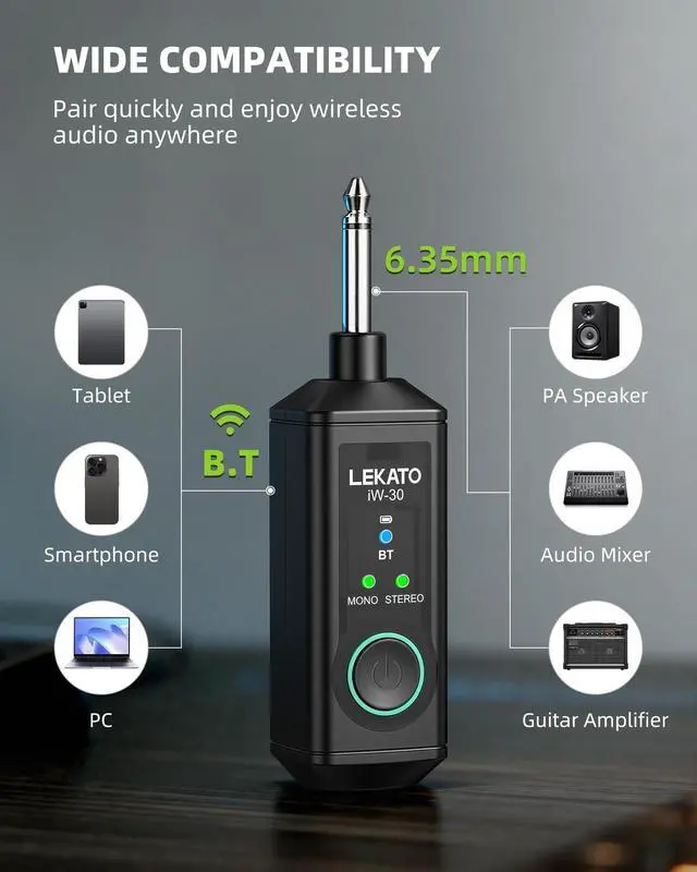 Alt view image 4 of 7 - Dual iW-30 Bluetooth Receivers with 1/4" TS Plug, BT 5.3 Wireless Audio Adapter, 48kHz/24bit Stereo Audio, for Audio Mixer, PA Speaker, DJ System,165ft Range,15H Battery Life(2 Pack for Stereo)