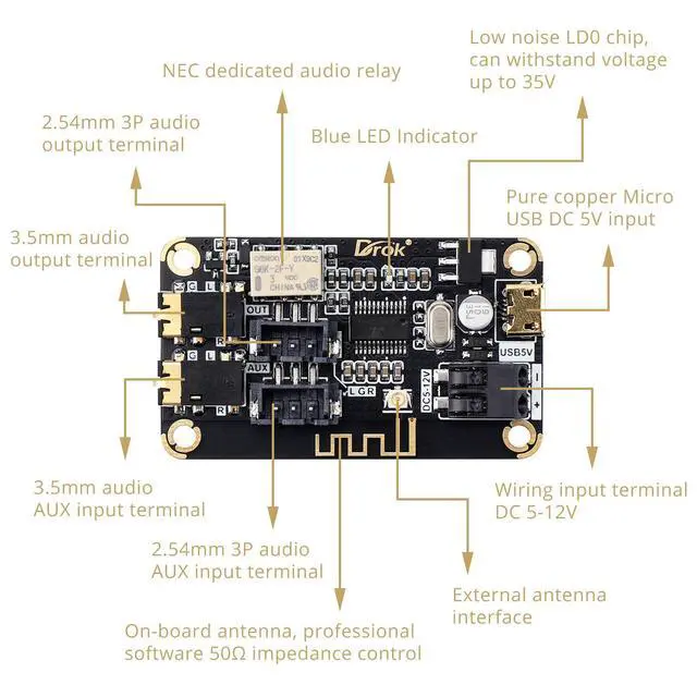 Alt view image 2 of 7 - Blue~Tooth Board, 12V Audio Receiver Blue~Tooth Module DC 5V-12V Portable Wire~Less Electronics Stereo Music Receive Circuit Chip with Micro USB Port for Headphone Speaker Home Sound System DIY