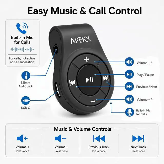 Alt view image 7 of 7 - Clip Bluetooth Audio Adapter for Headphones, Headset, Speaker, Wireless Receiver with MIC for Hands-Released Call and Music