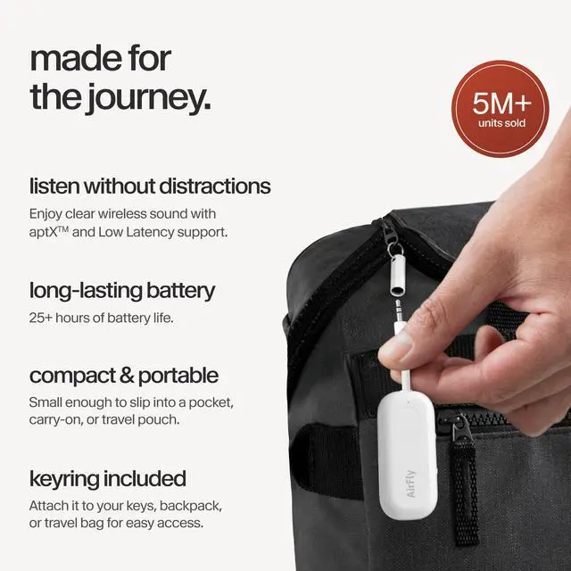 Alt view image 5 of 7 - AirFly Pro | Bluetooth Wireless Transmitter/Receiver Adapter for 2 Headphones, Audio Sharing, Compatible with 3.5mm aux Jack for Airplanes, TV, Gym, Stereo, and Travel, 25+ Hr Battery