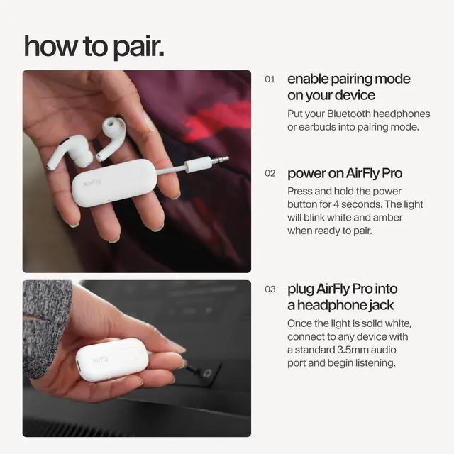 Alt view image 7 of 7 - AirFly Pro | Bluetooth Wireless Transmitter/Receiver Adapter for 2 Headphones, Audio Sharing, Compatible with 3.5mm aux Jack for Airplanes, TV, Gym, Stereo, and Travel, 25+ Hr Battery