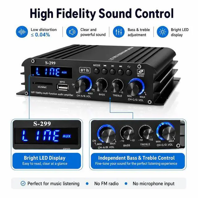 Alt view image 5 of 7 - 4.1 Channel Home Audio Amplifier Receiver, Bluetooth 5.0 Mini Amp with Subwoofer Output, RMS 4x50W MAX 800W for Home Theater/Car- USB/SD/AUX Input, for Passive Speakers and Active subwoofer