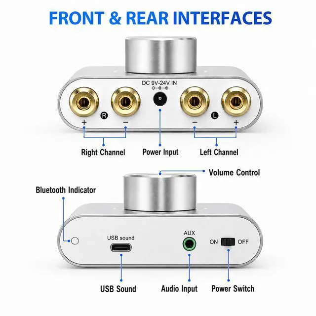 Alt view image 2 of 7 - F900S 160W Bluetooth 5.0 Mini Amplifier, 80Wx2 2.0CH Audio Power Amplifier, Hi-Fi Stereo Sound Digital Amp Wireless Speaker Amp Receiver w/AUX/USB/BT Input & 12V 5A Power Adapter - Silver