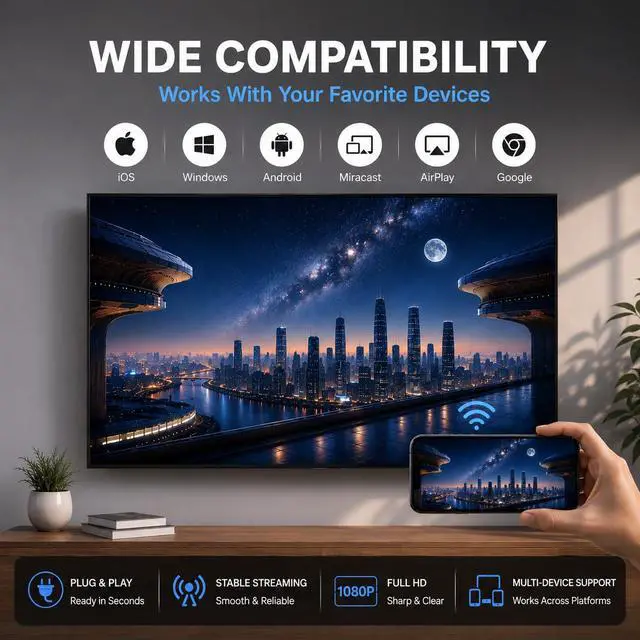 Alt view image 6 of 7 - 2 Wireless Display Receiver, H.265 decoding, 4K Output, Supports 2.4/5GHZ WiFi, Compatible with Android, iOS, Windows, MacOS, DLNA, Miracast, Airplay mirroring