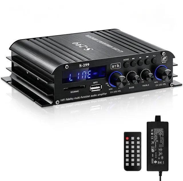 Main image of Audio Power Amplifier for Home Speakers -S-299 Bluetooth 5.0 Power Amp 4.1 Channel RMS 40Wx4 Subwoofer AMP DC 12V/5A Mini Integrated Digital Amplifier with USB/SD & AUX Jack