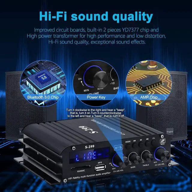 Alt view image 3 of 7 - Audio Power Amplifier for Home Speakers -S-299 Bluetooth 5.0 Power Amp 4.1 Channel RMS 40Wx4 Subwoofer AMP DC 12V/5A Mini Integrated Digital Amplifier with USB/SD & AUX Jack