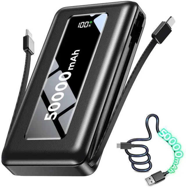 Main image of Portable Charger Power Bank 50000mAh, Ultra-High Capacity Battery Pack with Built-in Cables, 22.5W Fast Charging, LED Display, Flashlight, Travel Essential for Outdoor Camping, iPhone & Samsung, Onyx