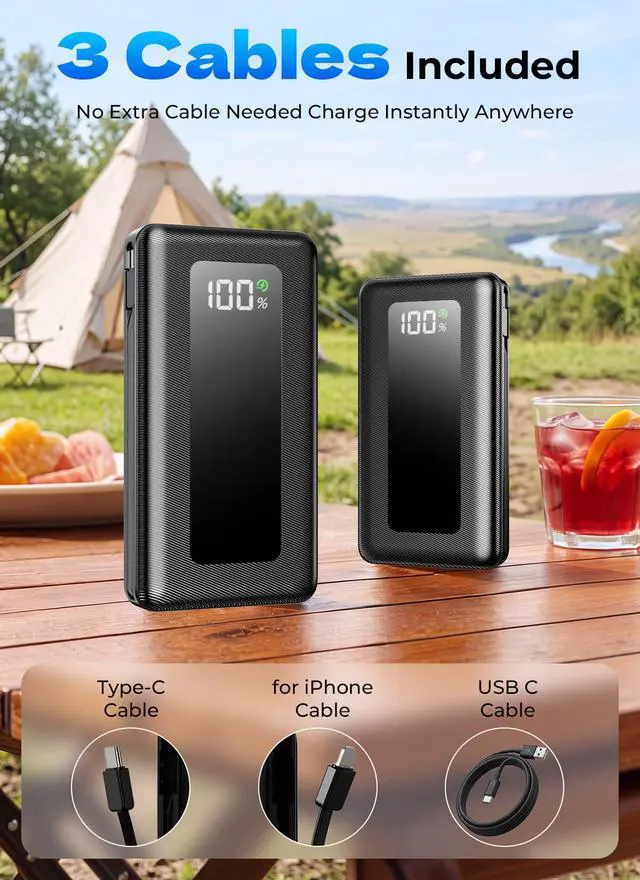 Alt view image 4 of 7 - Portable Charger Power Bank 50000mAh, Ultra-High Capacity Battery Pack with Built-in Cables, 22.5W Fast Charging, LED Display, Flashlight, Travel Essential for Outdoor Camping, iPhone & Samsung, Onyx