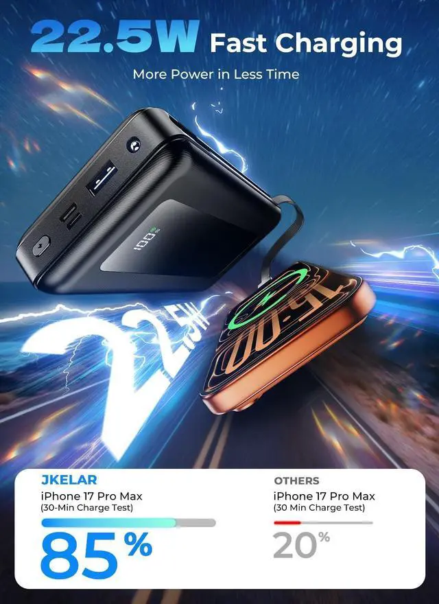 Alt view image 5 of 7 - Portable Charger Power Bank 50000mAh, Ultra-High Capacity Battery Pack with Built-in Cables, 22.5W Fast Charging, LED Display, Flashlight, Travel Essential for Outdoor Camping, iPhone & Samsung, Onyx
