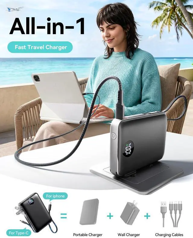 Alt view image 3 of 7 - Portable Charger 10000mAh, 45% Smaller Power Bank with Built-in Cables & AC Wall Plug, 22.5W Fast Charging 4 Outputs, Slim Travel Battery Pack with LED Display for iPhone, ipad, Samsung, Black