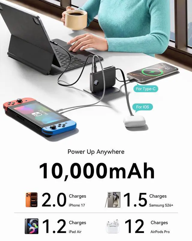 Alt view image 5 of 7 - Portable Charger 10000mAh, 45% Smaller Power Bank with Built-in Cables & AC Wall Plug, 22.5W Fast Charging 4 Outputs, Slim Travel Battery Pack with LED Display for iPhone, ipad, Samsung, Black