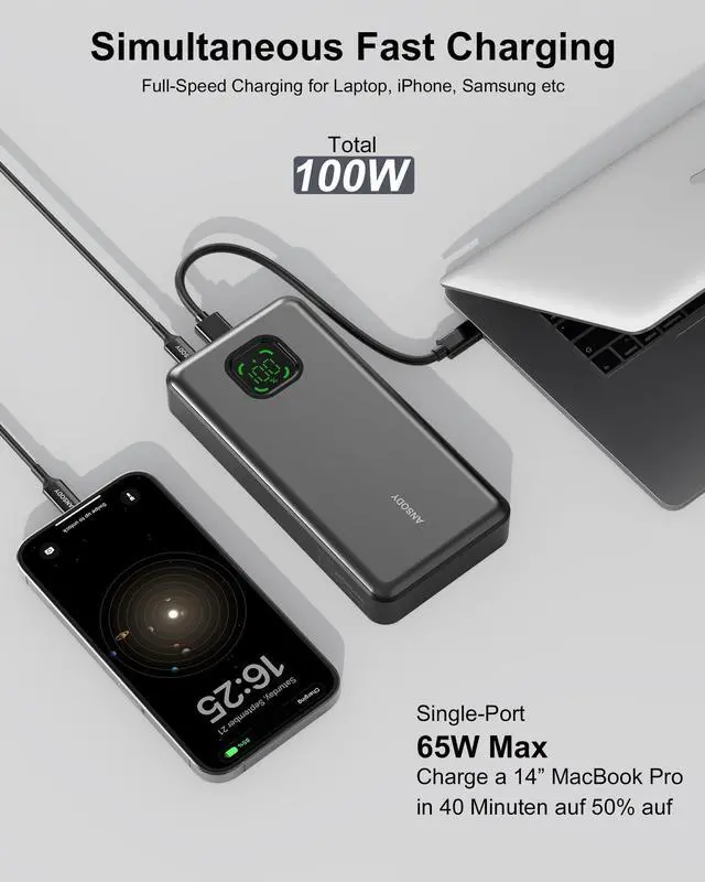Alt view image 3 of 7 - 65W Power Bank, 25000mAh Travel Essential USB C Laptop Portable Charger, 101W Total Fast Charging Battery Pack for MacBook Dell XPS iPad Tablet Steam Deck iPhone 17-12 Series Samsung Switch and More