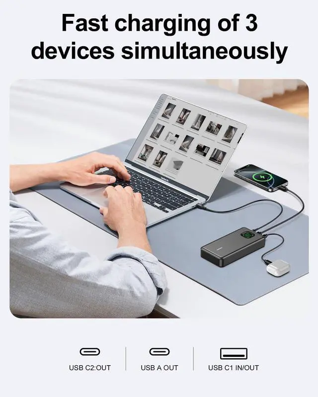 Alt view image 6 of 7 - 65W Power Bank, 25000mAh Travel Essential USB C Laptop Portable Charger, 101W Total Fast Charging Battery Pack for MacBook Dell XPS iPad Tablet Steam Deck iPhone 17-12 Series Samsung Switch and More