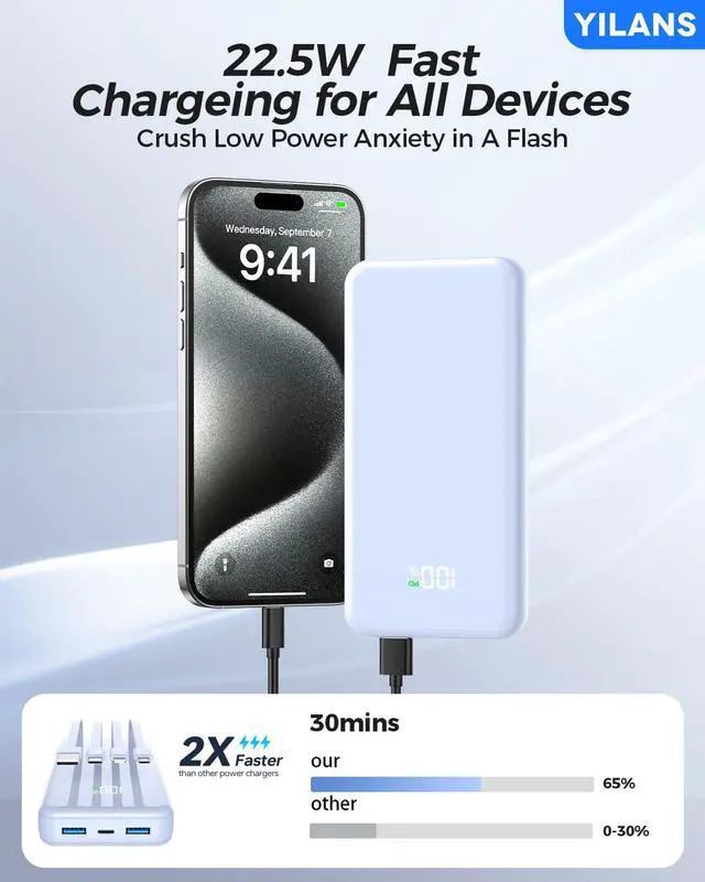 Alt view image 2 of 7 - Portable Charger,50000mAh Power Bank Built-in Cable, 22.5W PD USB C In & Out Fast Charging, External Battery Pack with 6 Output & 2 Input, Travel Phone Charger for iPhone 17/16/15/14/13/12(Light Blue)
