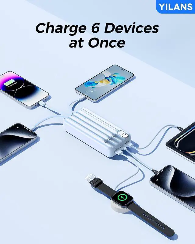 Alt view image 3 of 7 - Portable Charger,50000mAh Power Bank Built-in Cable, 22.5W PD USB C In & Out Fast Charging, External Battery Pack with 6 Output & 2 Input, Travel Phone Charger for iPhone 17/16/15/14/13/12(Light Blue)