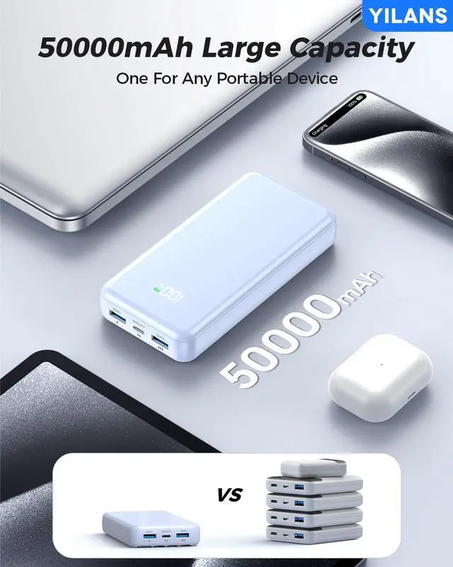 Alt view image 4 of 7 - Portable Charger,50000mAh Power Bank Built-in Cable, 22.5W PD USB C In & Out Fast Charging, External Battery Pack with 6 Output & 2 Input, Travel Phone Charger for iPhone 17/16/15/14/13/12(Light Blue)