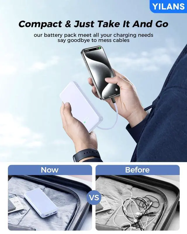 Alt view image 5 of 7 - Portable Charger,50000mAh Power Bank Built-in Cable, 22.5W PD USB C In & Out Fast Charging, External Battery Pack with 6 Output & 2 Input, Travel Phone Charger for iPhone 17/16/15/14/13/12(Light Blue)