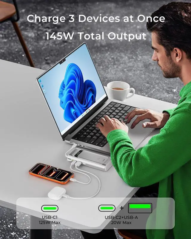 Alt view image 4 of 7 - Laptop Power Bank, 20000mAh Portable Charger 190W Total Output, 3-Port Fast Charging (140W Max), Built-in USB-C Cable,High-Capacity External Battery Pack for MacBook,Dell,Computer,iPad,iPhone 17