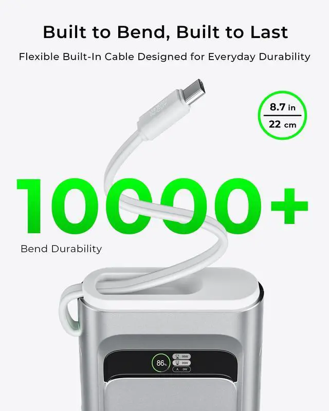Alt view image 7 of 7 - Laptop Power Bank, 20000mAh Portable Charger 190W Total Output, 3-Port Fast Charging (140W Max), Built-in USB-C Cable,High-Capacity External Battery Pack for MacBook,Dell,Computer,iPad,iPhone 17
