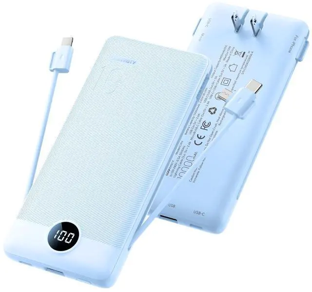 Main image of Portable Charger Built-in Cables and Wall Plug, 10000mAh Slim USB C Power Bank, LED Display External Battery Pack Compatible with iPhone/Android & More (Blue)
