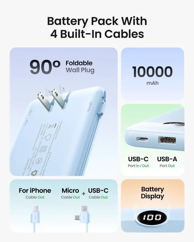 Alt view image 2 of 7 - Portable Charger Built-in Cables and Wall Plug, 10000mAh Slim USB C Power Bank, LED Display External Battery Pack Compatible with iPhone/Android & More (Blue)