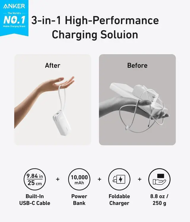 Alt view image 2 of 6 - Nano 3-in-1 Portable iPhone Charger, 10,000mAh Power Bank with Built-in USB-C Cable and Foldable Wall Plug, 30W Max Battery Pack, Travel Essentials for iPhone 17/16/15 Series, Galaxy, MacBook
