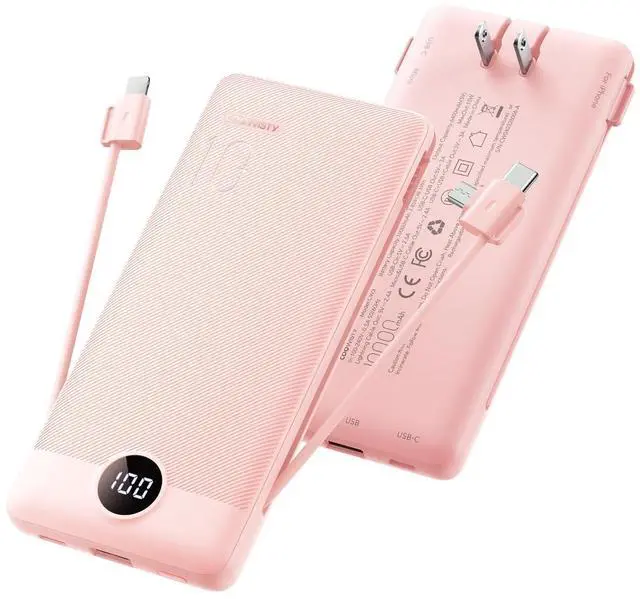 Main image of Portable Charger Built-in Cables and Wall Plug, 10000mAh Slim USB C Power Bank, LED Display External Battery Pack Compatible with iPhone/Android & More (Pink)