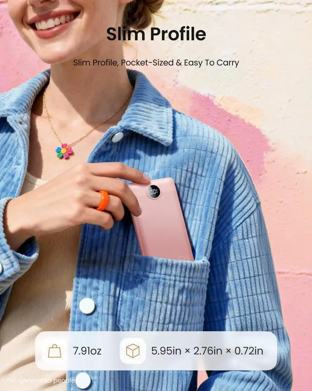 Alt view image 4 of 7 - Portable Charger Built-in Cables and Wall Plug, 10000mAh Slim USB C Power Bank, LED Display External Battery Pack Compatible with iPhone/Android & More (Pink)