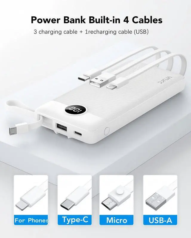 Alt view image 2 of 7 - Portable Charger Built in Cables, Slim Power Bank 10000mAh, Multi Devices Charging Bank with Lanyard, USB C Battery Pack 5 Outputs for for All Cell Phones Devices, Samsung,Android-White(1 Pack)