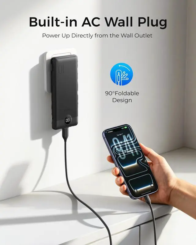 Alt view image 2 of 7 - Portable Charger with Built-in AC Plug and Cables, All in One 10000mAh Ultra Slim Power Bank Travel Essentials, USB C External Battery Pack Compatible with iPhone, Samsung, Android, Black