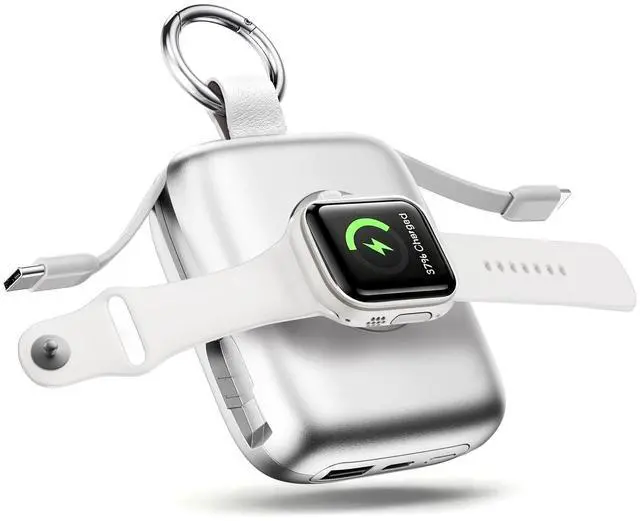 Main image of Portable Charger, 10000mAh 22.5W Max Fast Charging Power Bank with Built in Cables, Travel Essentials Keychain Battery Pack for iPhone 17/16/15/14/13/12 and Apple Watch Ultra/11/10/9/8/7/6/5, Silver