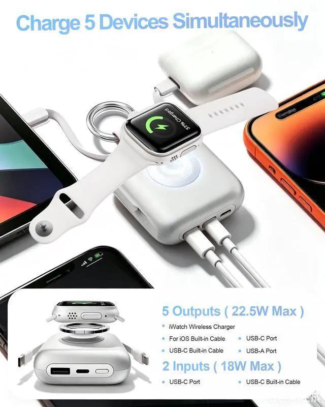Alt view image 4 of 7 - Portable Charger, 10000mAh 22.5W Max Fast Charging Power Bank with Built in Cables, Travel Essentials Keychain Battery Pack for iPhone 17/16/15/14/13/12 and Apple Watch Ultra/11/10/9/8/7/6/5, Silver