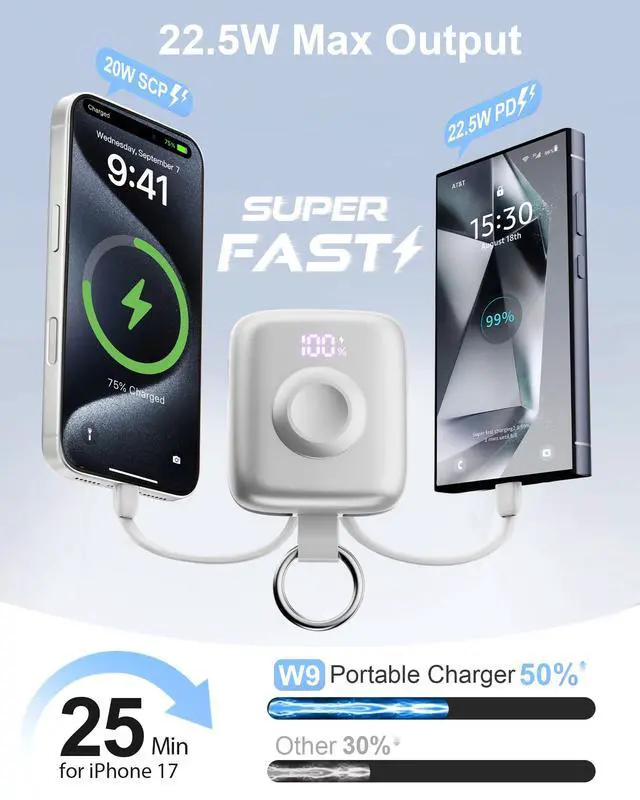Alt view image 5 of 7 - Portable Charger, 10000mAh 22.5W Max Fast Charging Power Bank with Built in Cables, Travel Essentials Keychain Battery Pack for iPhone 17/16/15/14/13/12 and Apple Watch Ultra/11/10/9/8/7/6/5, Silver