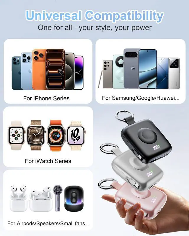 Alt view image 6 of 7 - Portable Charger, 10000mAh 22.5W Max Fast Charging Power Bank with Built in Cables, Travel Essentials Keychain Battery Pack for iPhone 17/16/15/14/13/12 and Apple Watch Ultra/11/10/9/8/7/6/5, Silver