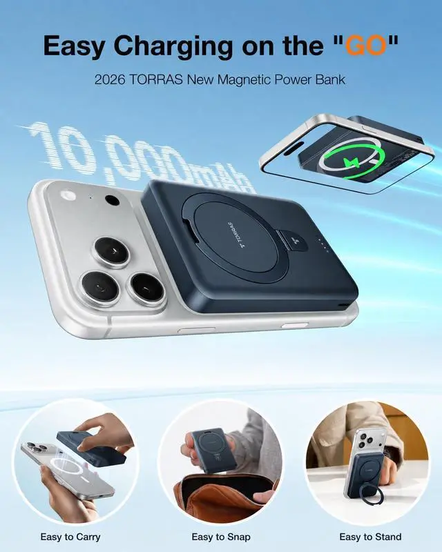 Alt view image 2 of 7 - EasyGo 10000mAh Magnetic Portable Charger Power Bank for iPhone, Fast Charging Travel Essential Wireless Battery Pack with Stand Compatible with Magsafe,17 Pro Max,Pro,16,15,14,13,12, Deep Blue