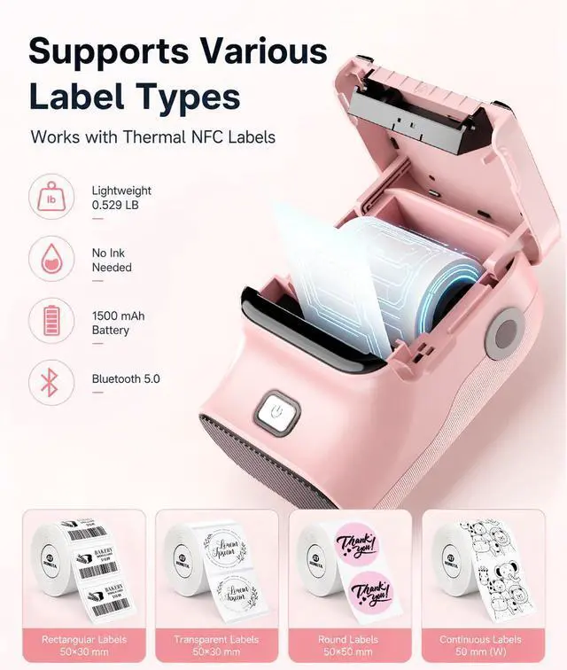 Alt view image 2 of 7 - Mini Sticker Printer, Bluetooth Thermal Label Printer, Portable Inkless Label Maker Suitable for Creative Kids DIY, Diaries, Study Notes, Pink