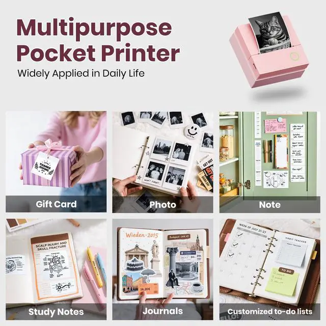 Alt view image 7 of 7 - Sticker Printer, PM290C Portable Mini Printer, Inkless Bluetooth Sticker Maker with 3 Rolls Paper, Impresora Portátil for Notes, DIY, Gift, Smart AI APP, Print Pod for Office, Pink 1pack