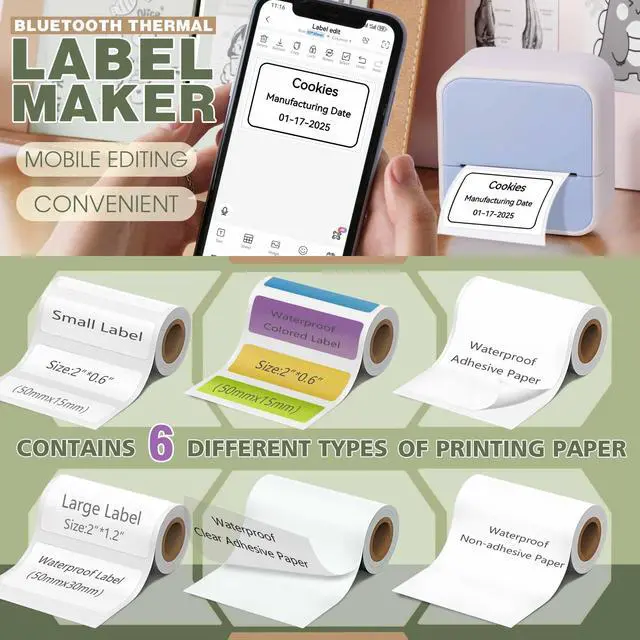 Alt view image 2 of 7 - Label Maker Machine with 6 Waterproof Tapes, Thermal Label Maker, Portable Mini Bluetooth Label Printer with Clear Tape for Home, School, Office Organization Blue