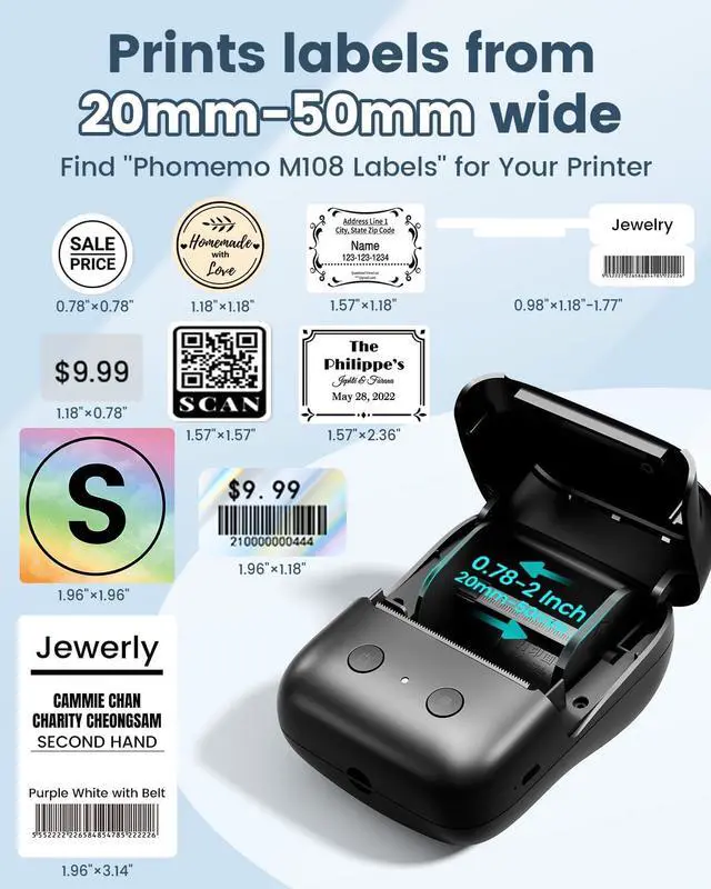 Alt view image 3 of 7 - M108 Label Maker Machine with Tapes, Address Label Maker Portable Size and Widely Sticker Label Maker for Small Business, Office, Home, School, Came with 1 Pack White Label