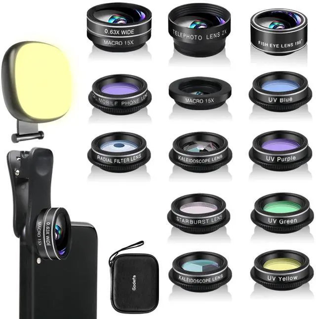 Main image of Phone Camera Lens Kit, 14 in 1 Lenses with Selfie Light for iPhone 14 13 12 11 Xs X Pro Samsung and Other Andriod Smartphone, Universal Clip on Wide Angle+Macro+ Fisheye Camera Lenses