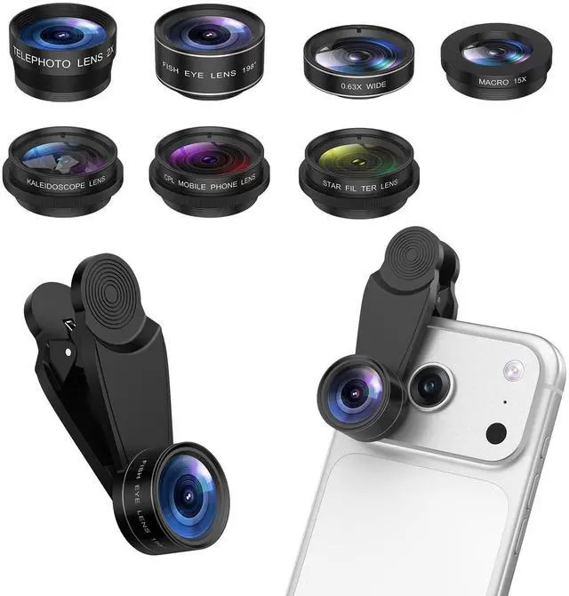 Main image of 7 in 1 Clip On Phone Camera Lens Kit, 0.63X Wide Angle,15X Macro,2X Telephoto,198°Fisheye,CPL,Starburst, Kaleidoscope Universal Smartphone Lens for iPhone Samsung Google Pixel