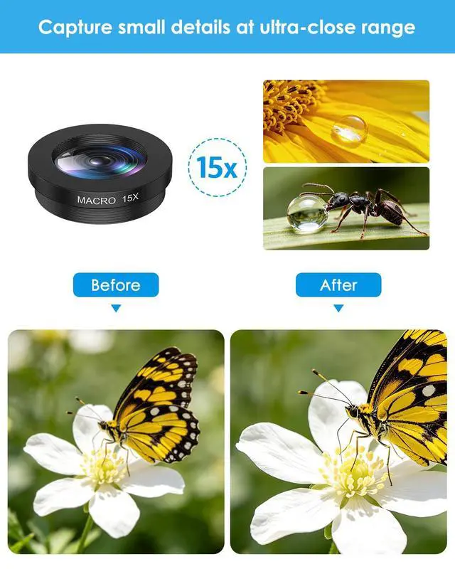 Alt view image 3 of 7 - 7 in 1 Clip On Phone Camera Lens Kit, 0.63X Wide Angle,15X Macro,2X Telephoto,198°Fisheye,CPL,Starburst, Kaleidoscope Universal Smartphone Lens for iPhone Samsung Google Pixel
