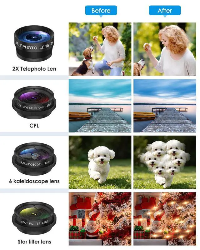 Alt view image 5 of 7 - 7 in 1 Clip On Phone Camera Lens Kit, 0.63X Wide Angle,15X Macro,2X Telephoto,198°Fisheye,CPL,Starburst, Kaleidoscope Universal Smartphone Lens for iPhone Samsung Google Pixel
