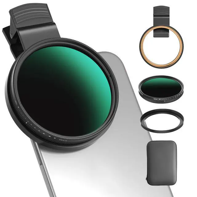Main image of 67mm Variable ND2-400 Filter for Phone/DSLR, HD Adjustable Neutral Density Filter with Universal Clip,Adapter Ring, Lens Attachment for iPhone 16 15 14 13 12 Samsung Pixel and Other Smartphones/Camera