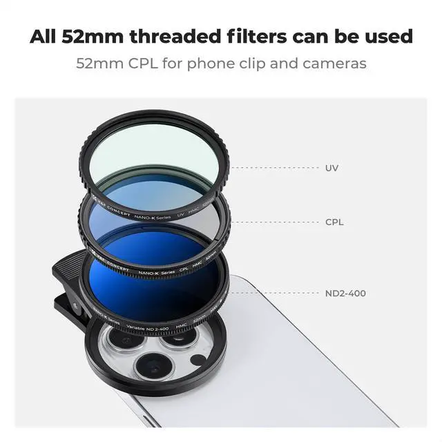 Alt view image 7 of 7 - CONCEPT 52mm Clip-on CPL Phone Camera Lens Filter Kit, Circular Polarizer Polarizing Filter Compatible with iPhone 17 16 15 14 13 12 11