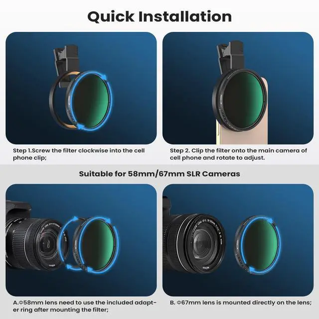 Alt view image 6 of 7 - 67mm Variable ND2-400 Filter for Phone/DSLR, HD Adjustable Neutral Density Filter with Universal Clip,Adapter Ring, Lens Attachment for iPhone 16 15 14 13 12 Samsung Pixel and Other Smartphones/Camera